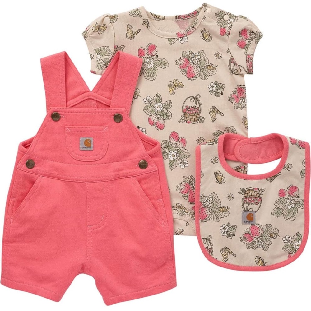 Carhartt Baby Toddler Girls Bodysuit Shortall and Bib 3 Piece Set - NEW
